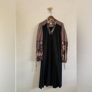 Vtg 70s Foxy Lady San Francisco Dress Womens Black Patchwork Sleeves Boho Midi